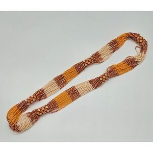 Long Beaded Necklace, Boho Style, Seed Bead Strands, Brown, Beige, Orange